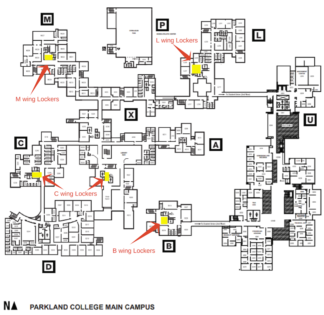 Map showing lockers in B, C, L and M wings